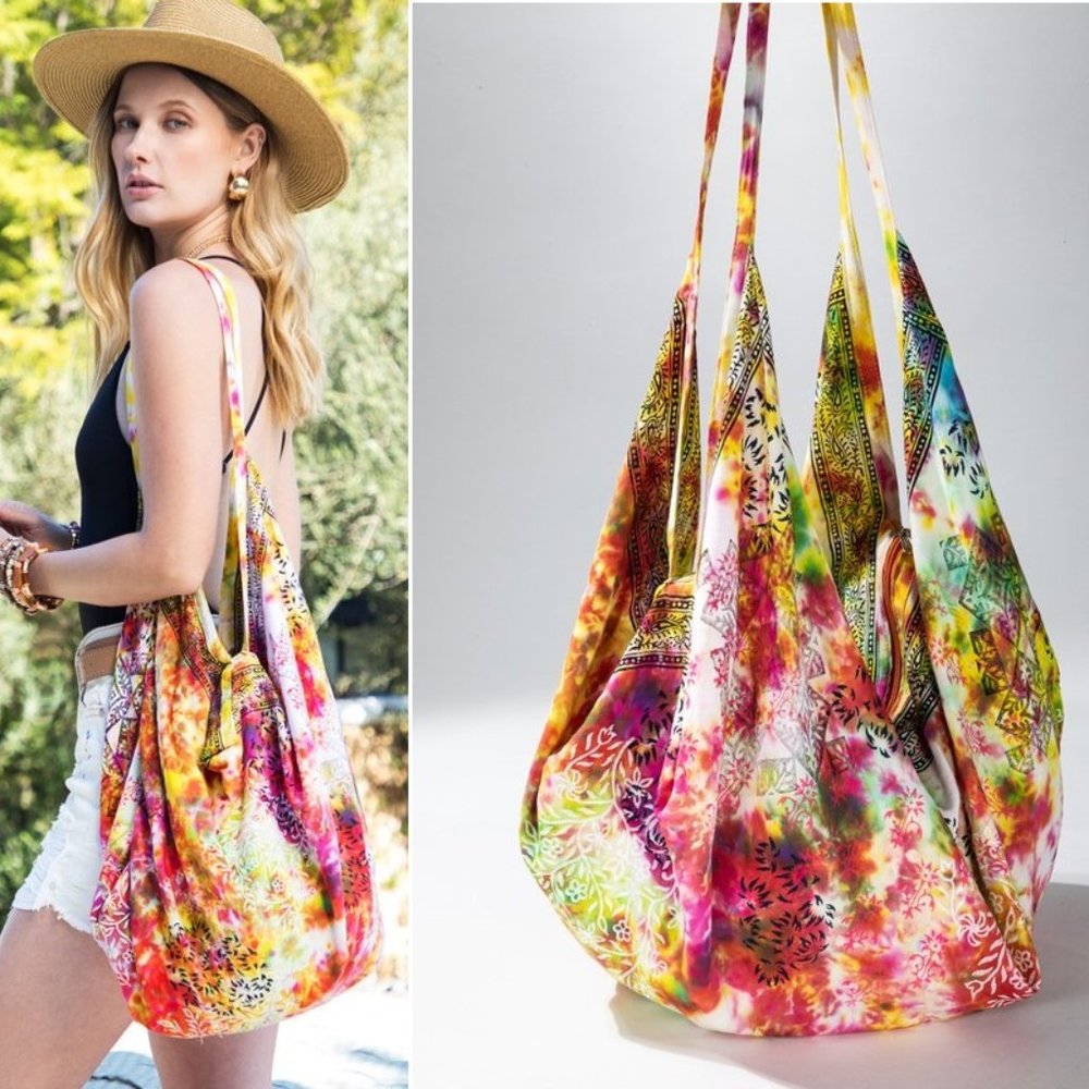 Tie Dyed Boho Beach Hobo Shoulder Bag - 100% Cotton - Bohemian & Ethnic Inspired - Picture 1 of 8